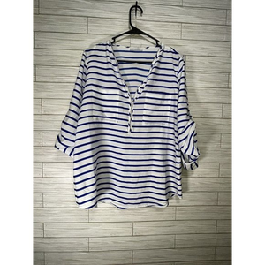Womens Calvin Klein White & Blue Stripe Zipper detail 3/4 Button Up‎ Sleeve M/L